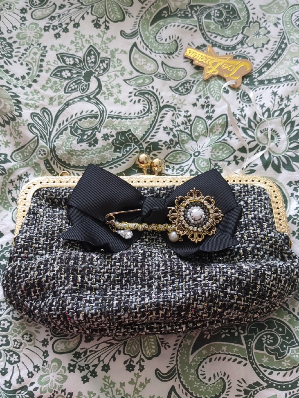 Joe Browns Black Tweed Clutch with Gold Filigree Brooch